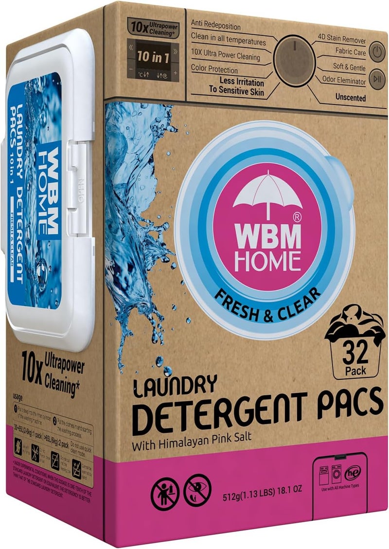 WBM Home Laundry Detergent Pods 32 Count  Fresh  Clear Unscented  Laundry Pods 10x Ultrapower Cleaning With Color Protection and EcoFriendly Packaging - Image 1