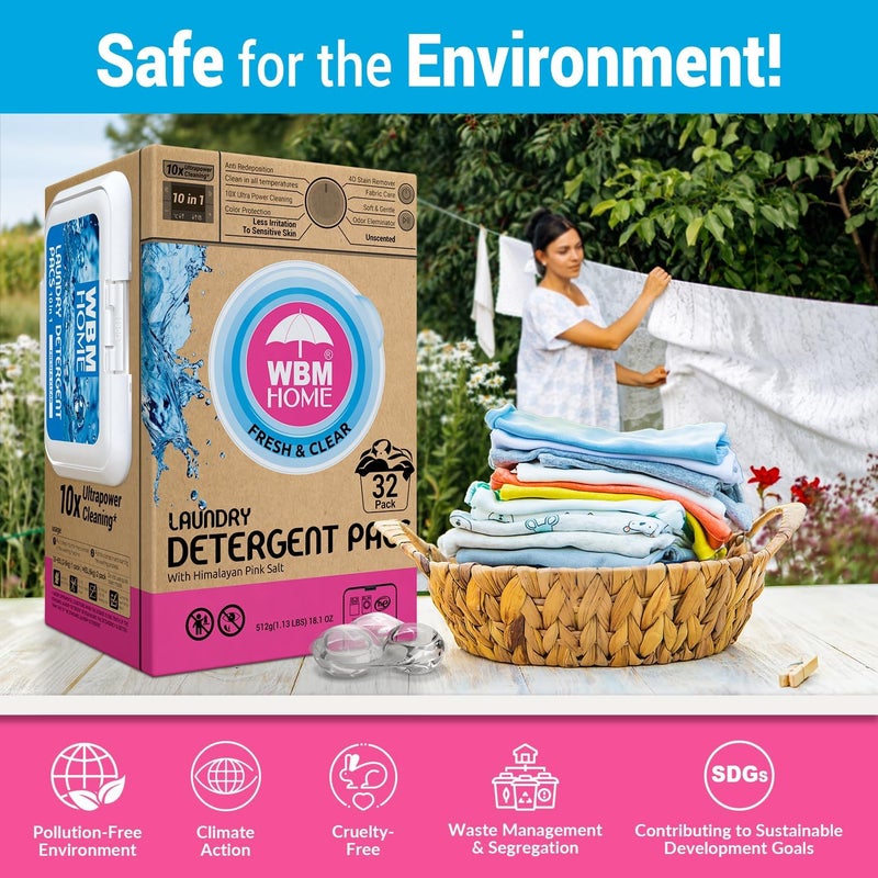 WBM Home Laundry Detergent Pods 32 Count  Fresh  Clear Unscented  Laundry Pods 10x Ultrapower Cleaning With Color Protection and EcoFriendly Packaging - Image 3