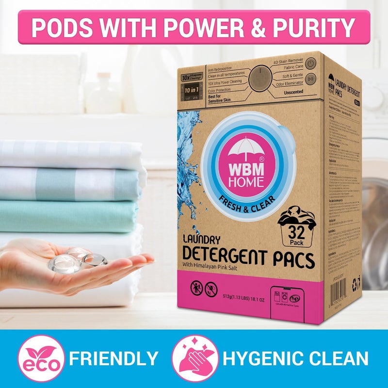 WBM Home Laundry Detergent Pods 32 Count  Fresh  Clear Unscented  Laundry Pods 10x Ultrapower Cleaning With Color Protection and EcoFriendly Packaging - Image 4
