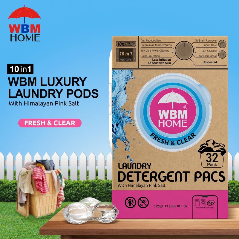 WBM Home Laundry Detergent Pods 32 Count  Fresh  Clear Unscented  Laundry Pods 10x Ultrapower Cleaning With Color Protection and EcoFriendly Packaging - Image 2