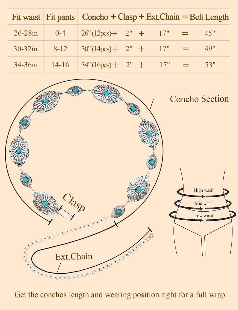 TOPACC Silver Turquoise Concho Belts for Women Western Metal Cowgirl Boho Chain Belts for Dresses Country Concert Outfit - Image 4