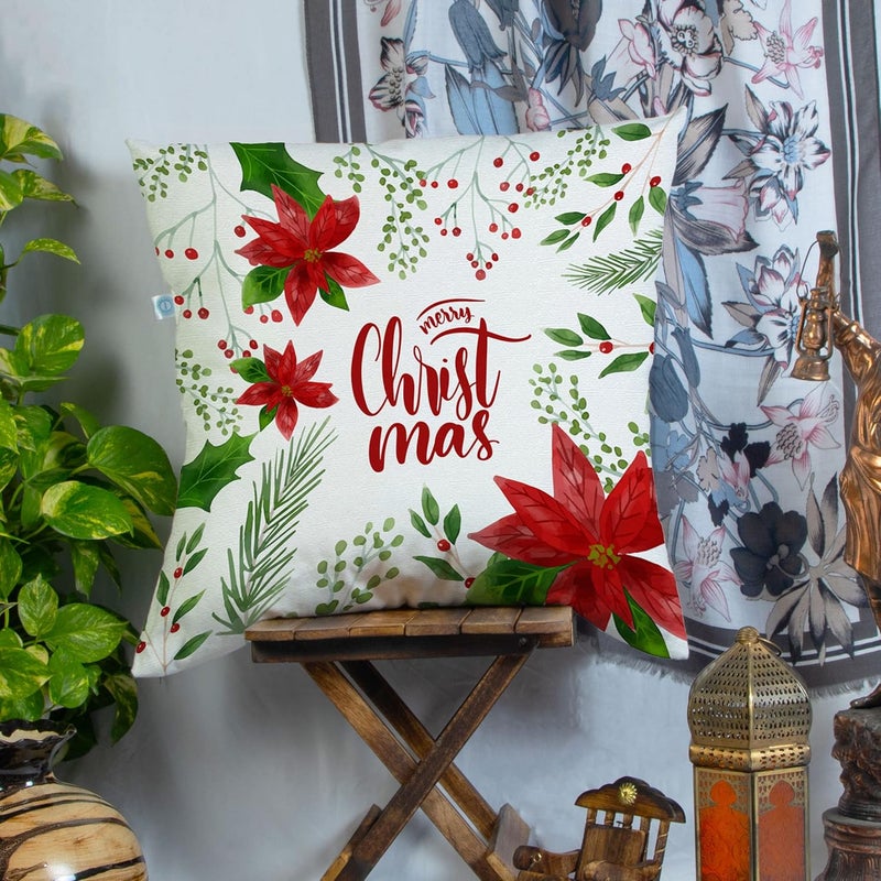 STITCHNEST Merry Christmas Printed Poly Cotton Cushion Cover Pack of 1 12x12 Inches