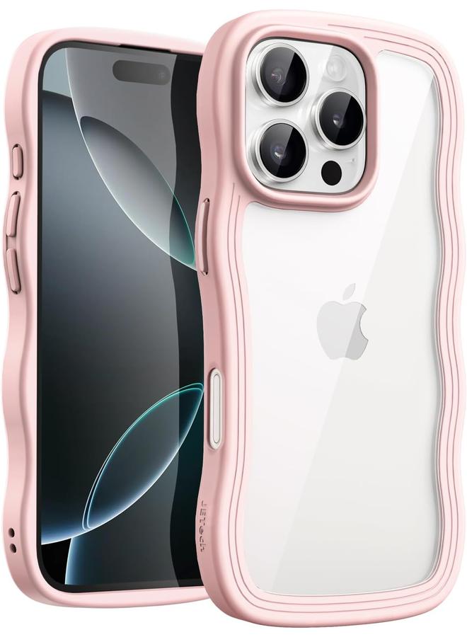 Jetech Wavy Case For Iphone 16 Pro 6.3 Inch Cute Wave Frame Curly Shape Shockproof Phone Cover For Women And Girls Clear Hard Pc Back Pink - Image 1