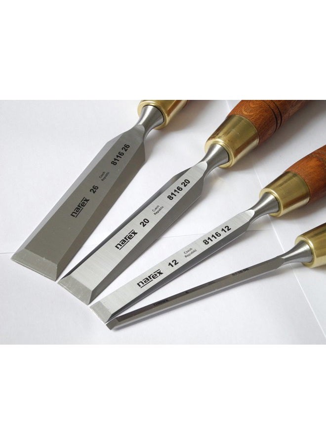 Narex Czech Steel Premium 4 pc set 6 (1/4"), 12 (1/2"), 20 (3/4"), 26 (1") mm Chisels w/Hornbeam Handles - Image 3