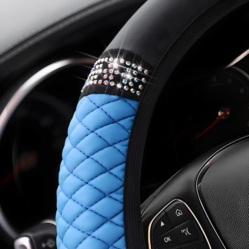 Fekey&JF Bling Soft Leather Steering Wheel Cover, 15 Inch Colorful Rhinestones Auto Elastic Steering Wheel Protector, Sparkly Crystal Diamond for Women Girls, Car Interior Accessories for Most Cars (Blue) - Image 3