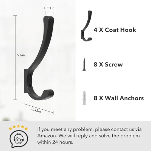 saffruff 4 Pack Large Heavy Duty Wall Hooks - Black Metal Coat & Bag Hooks, Screw In, Mounted, Holds Coats, Backpacks, Purses - Image 5