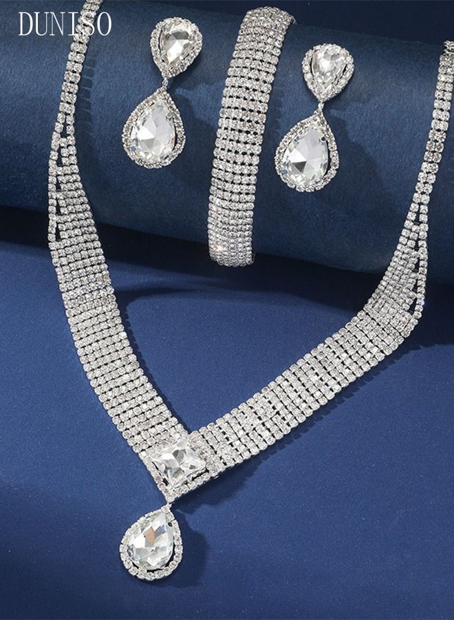 DUNISO 3Piece Jewelry Set With Necklace Bracelet and Earrings Full Diamond V Neck Necklace Crystal Earrings Wedding Bridal Bridesmaid Costume Jewelry Set for Women and Girls Dress Accessories - Image 3