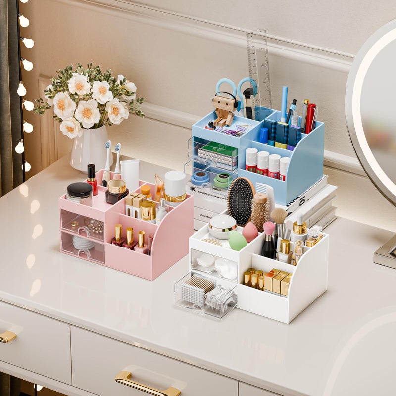 fanado Makeup Organizer with 2 Drawers, Makeup Organizers Countertop for Vanity and Bathroom, Make up organization and Skincare Storage with Brush Holder, for Dresser, Desktop, Cosmetic Display Case (White) - Image 4