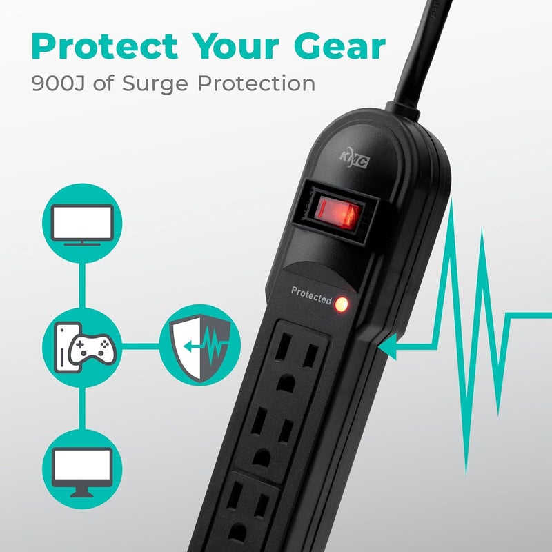 KMC 6-Outlet Surge Protector Power Strip 2-Pack, 900 Joules, 4-Foot Extension Cord, Overload Protection, Black - Image 4
