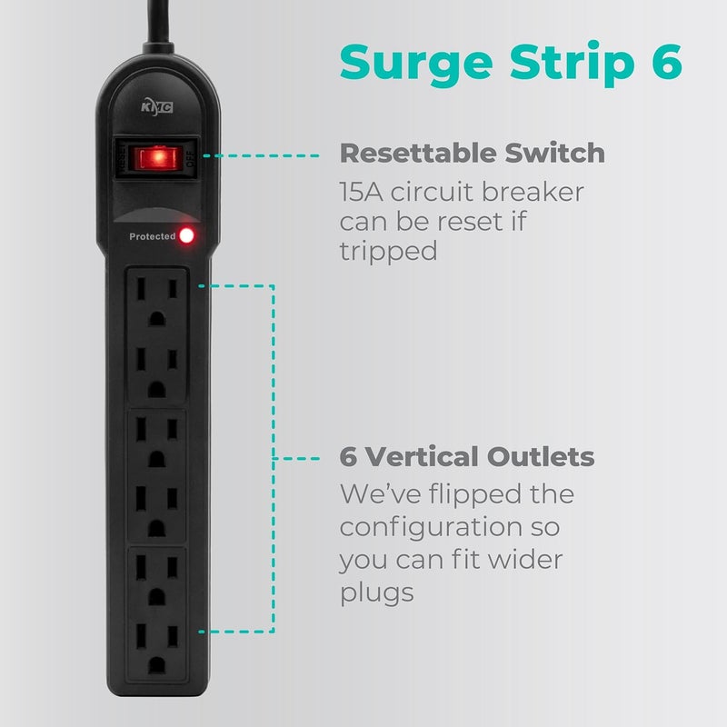 KMC 6-Outlet Surge Protector Power Strip 2-Pack, 900 Joules, 4-Foot Extension Cord, Overload Protection, Black - Image 2