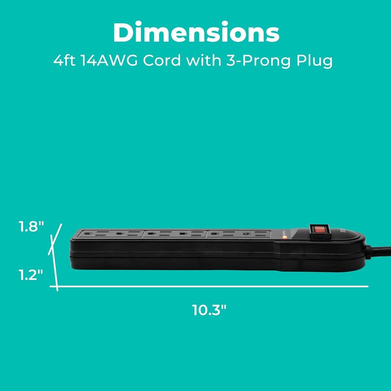 KMC 6-Outlet Surge Protector Power Strip 2-Pack, 900 Joules, 4-Foot Extension Cord, Overload Protection, Black - Image 3