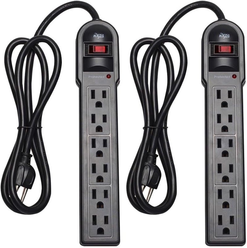 KMC 6-Outlet Surge Protector Power Strip 2-Pack, 900 Joules, 4-Foot Extension Cord, Overload Protection, Black - Image 1