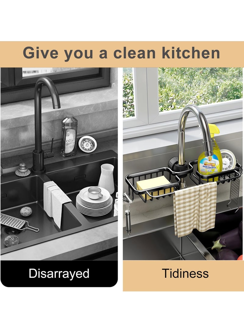SOLARAE Faucet Rack, Aluminum Alloy Faucet Sponge Holder, Detachable Faucet Caddy Organizer for Kitchen & Bathroom, Double Kitchen Faucet Shelf for Holding Sponge/Soap/Shampoo/Rag (Black) - Image 3