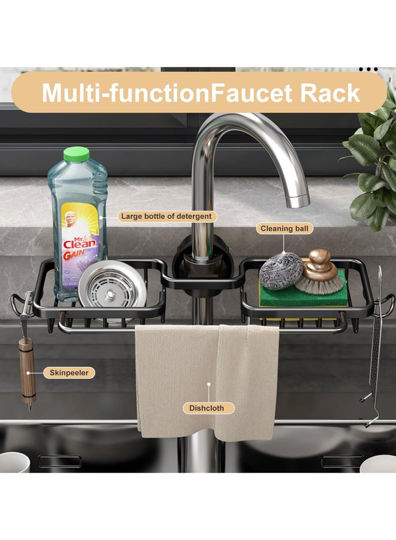 SOLARAE Faucet Rack, Aluminum Alloy Faucet Sponge Holder, Detachable Faucet Caddy Organizer for Kitchen & Bathroom, Double Kitchen Faucet Shelf for Holding Sponge/Soap/Shampoo/Rag (Black) - Image 4