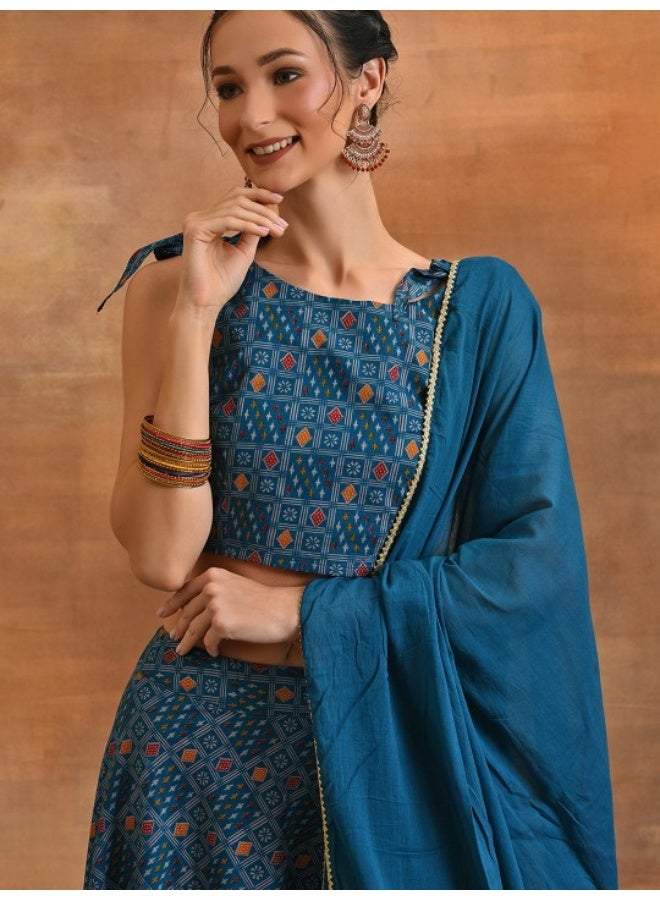 AKS Blue Patola Print Layered Lehenga Choli With Dupatta - Image 3