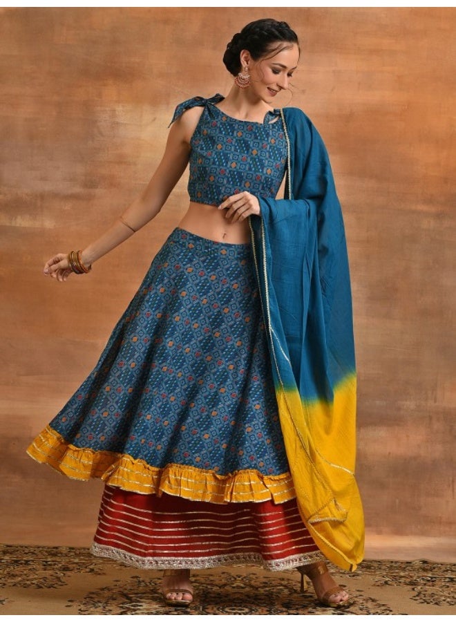 AKS Blue Patola Print Layered Lehenga Choli With Dupatta - Image 2