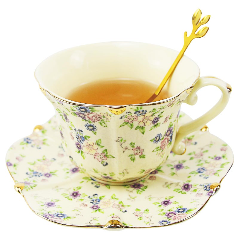 Harahiko Country Roses Porcelain Tea Cup and Saucer Set with Gold Trim, Vintage Style, For Women and Tea Parties (1, Yellow) - Image 1