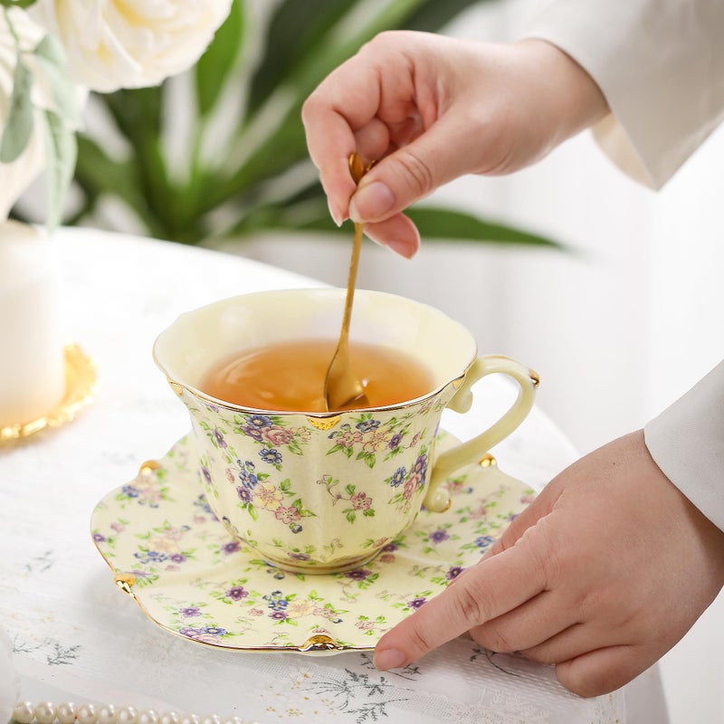 Harahiko Country Roses Porcelain Tea Cup and Saucer Set with Gold Trim, Vintage Style, For Women and Tea Parties (1, Yellow) - Image 3
