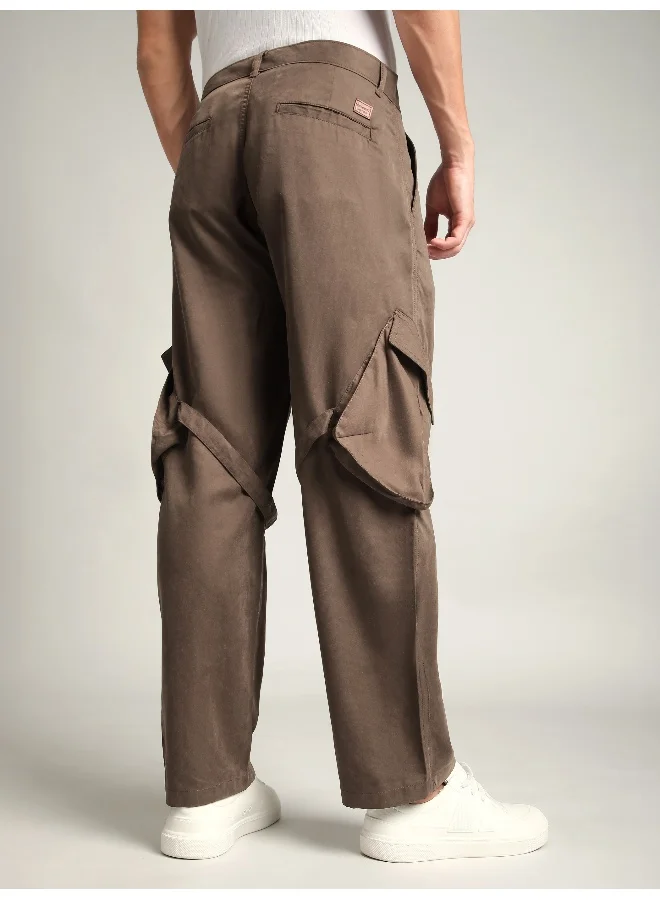 Beyoung Brown Leather Drill Belted Cargo Pants