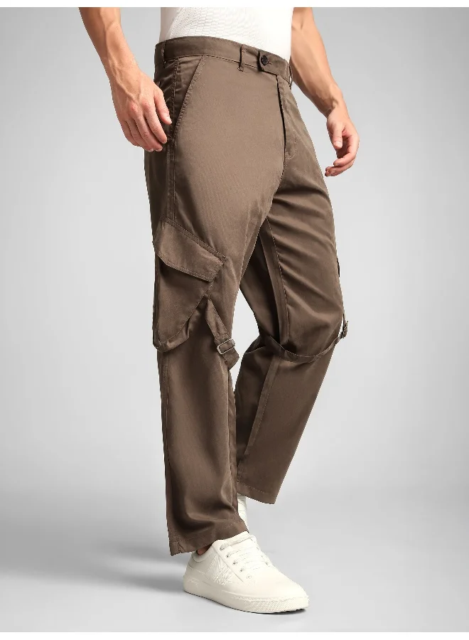 Beyoung Brown Leather Drill Belted Cargo Pants