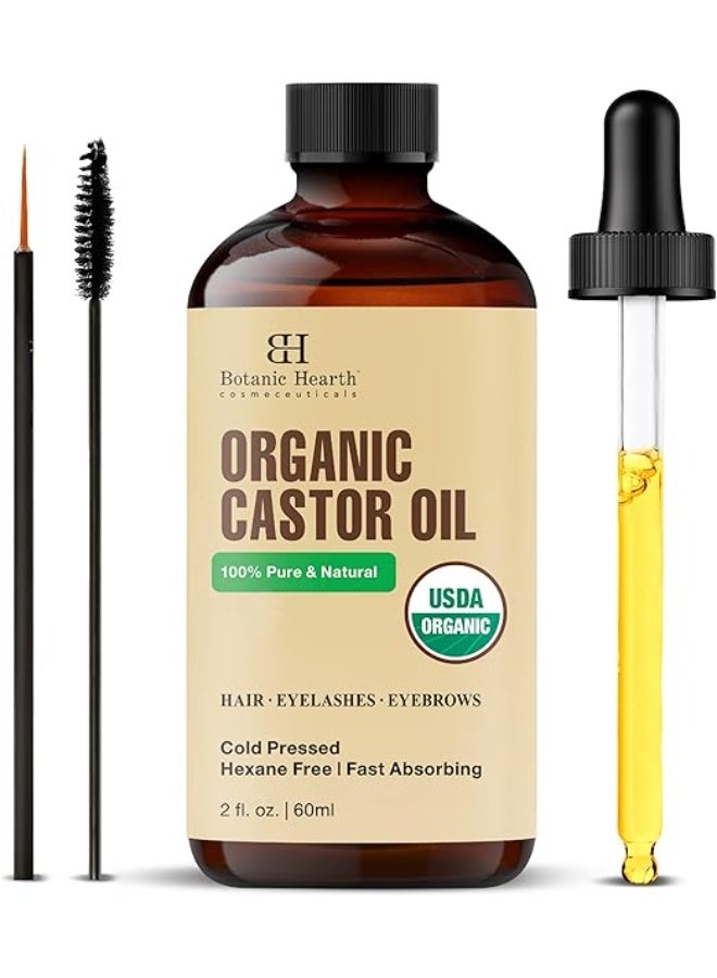 Castor Oil | USDA Certified Organic |100% Pure & Hexane Free | Cold Pressed | Growth for Eyelashes, Eyebrows, Hair | With Eyebrow & Eyelash Brush | 60 ML |