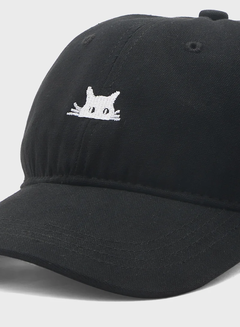 Seventy Five Cat Embroidered Casual Curve Peak Cap