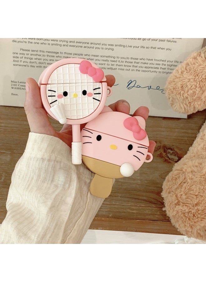Generic - Cute Kt Cat Table Tennis Racquet AirPods Pro For Apple Bluetooth Earphone Case Badminton Cover 2/3/4 Generation Cute-Color:Kt Cat Badminton Racket + Pendant-Applicable Models:AirPods 4(2024) - Image 1