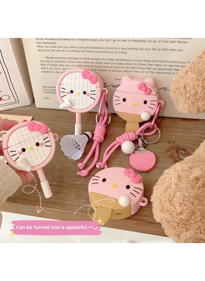 Generic - Cute Kt Cat Table Tennis Racquet AirPods Pro For Apple Bluetooth Earphone Case Badminton Cover 2/3/4 Generation Cute-Color:Kt Cat Badminton Racket + Pendant-Applicable Models:AirPods 4(2024) - Image 1
