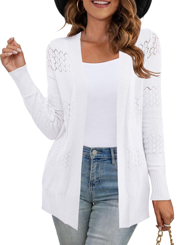 U.Vomade Casual Lightweight Long Sleeve Open Front Hollow Out White Cardigan for Women L - Image 1