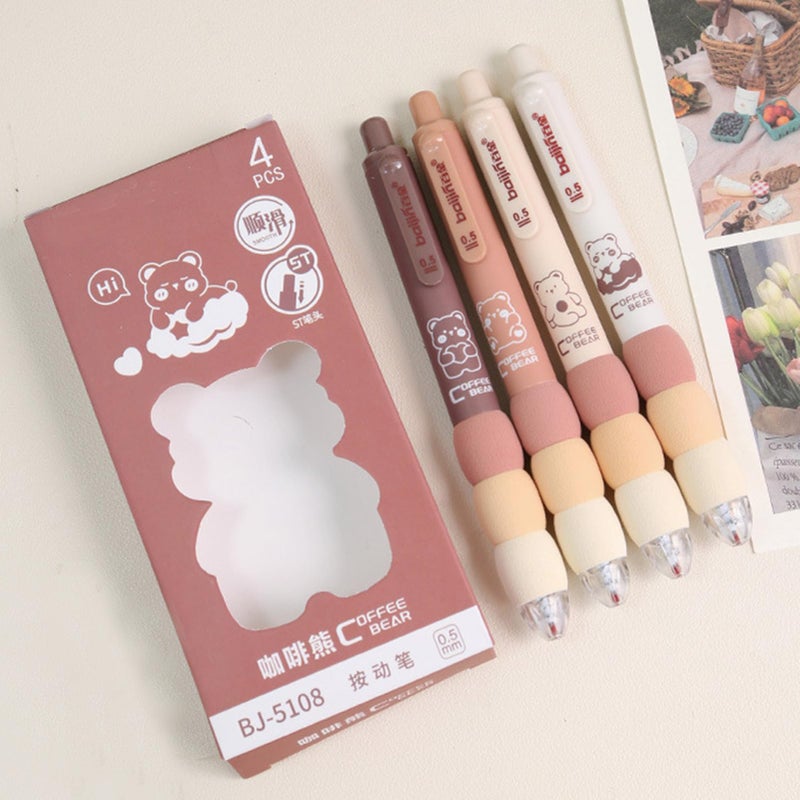 MOZXIRZ 4 Pcs Cute Gel Pens Aesthetic Retractable Pens Cartoon Bear Soft Grip Pen 0.5mm Black Ink Pen Kawaii Office School Pens Supplies for Women Men (Coffee Bear) - Image 5