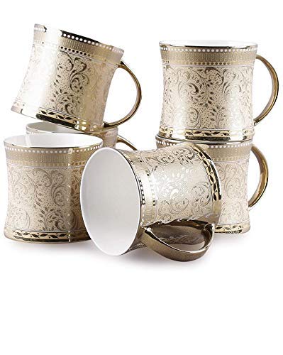 TREANDCARD Bone China Ebony Mugs (Brown, Golden, 6 Pieces) - Image 1