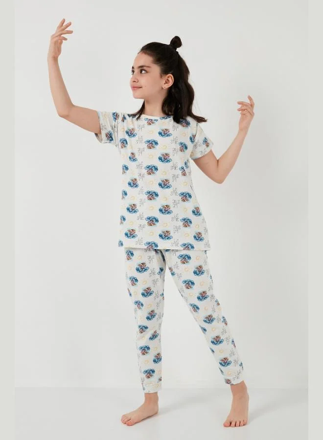 ليلا طقم بيجامة قطن % برقبة دائرية وأكمام قصيرة للبنات