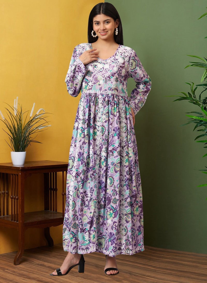 الايا جلابية مطبوعة قطن مولمول مطرزة يدوياً لوكنوي شيكانكاري - Image 1