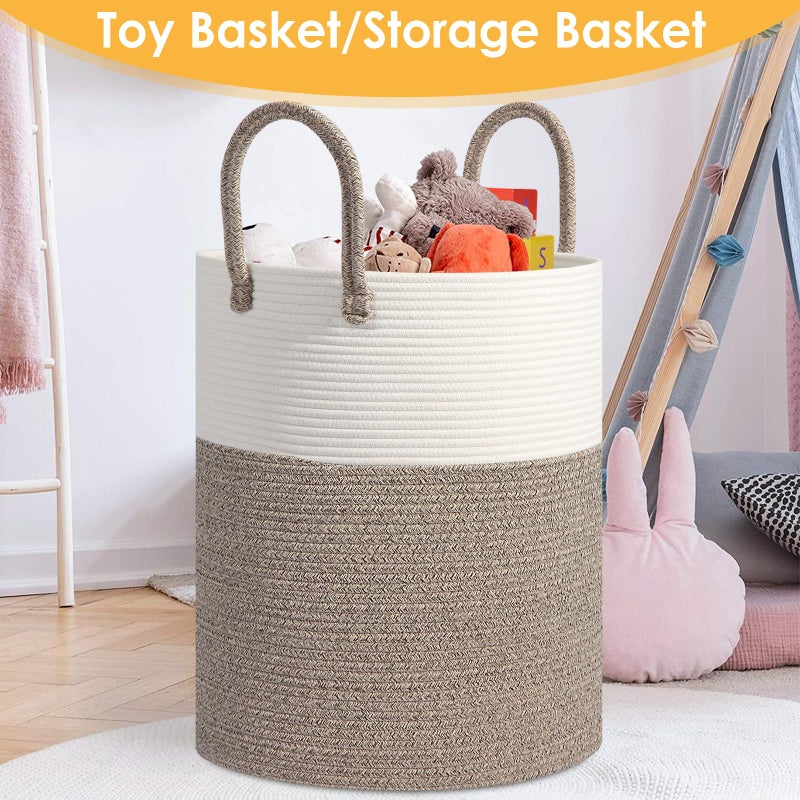 HOBASKET Large Woven Laundry Basket Hamper, 60L Cotton Rope Storage Basket for Blankets in Living Room, Decorative Tall Nursery Hamper for Clothes and Toys, White and Brown - Image 5