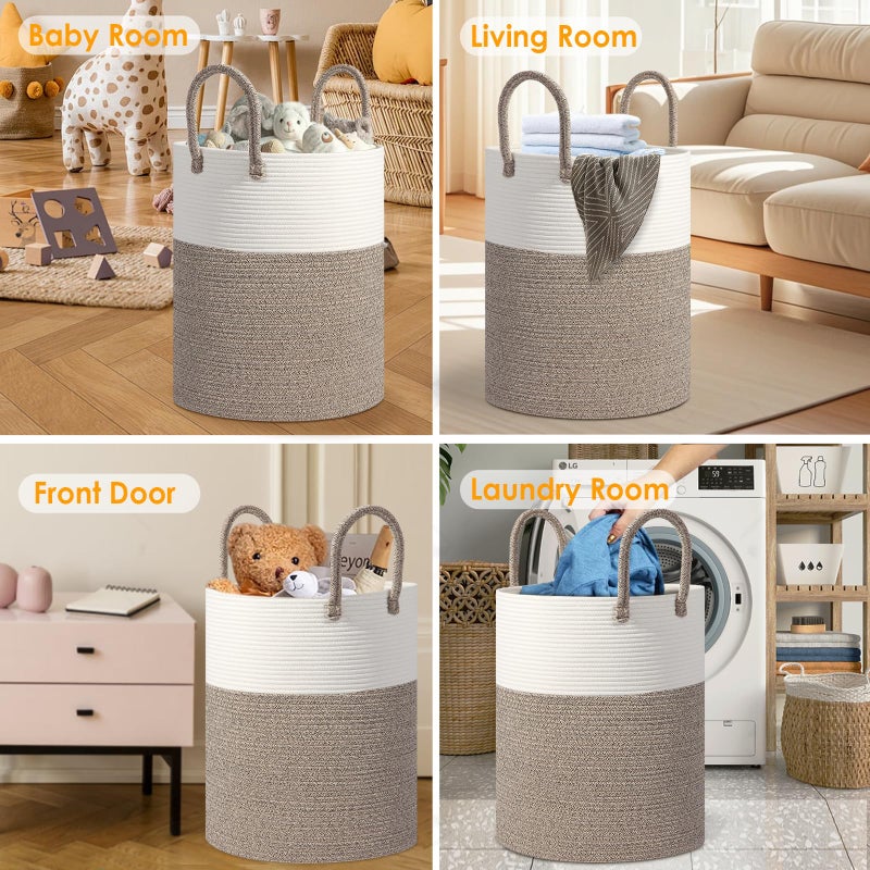 HOBASKET Large Woven Laundry Basket Hamper, 60L Cotton Rope Storage Basket for Blankets in Living Room, Decorative Tall Nursery Hamper for Clothes and Toys, White and Brown - Image 3