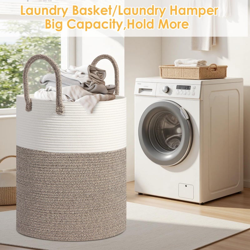 HOBASKET Large Woven Laundry Basket Hamper, 60L Cotton Rope Storage Basket for Blankets in Living Room, Decorative Tall Nursery Hamper for Clothes and Toys, White and Brown - Image 4