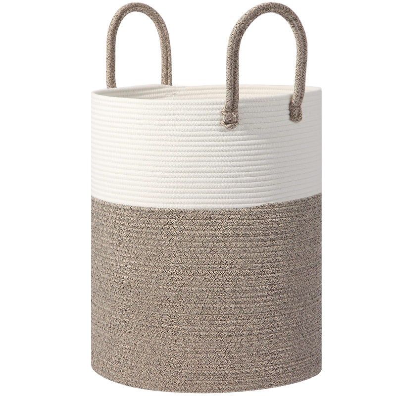 HOBASKET Large Woven Laundry Basket Hamper, 60L Cotton Rope Storage Basket for Blankets in Living Room, Decorative Tall Nursery Hamper for Clothes and Toys, White and Brown - Image 1