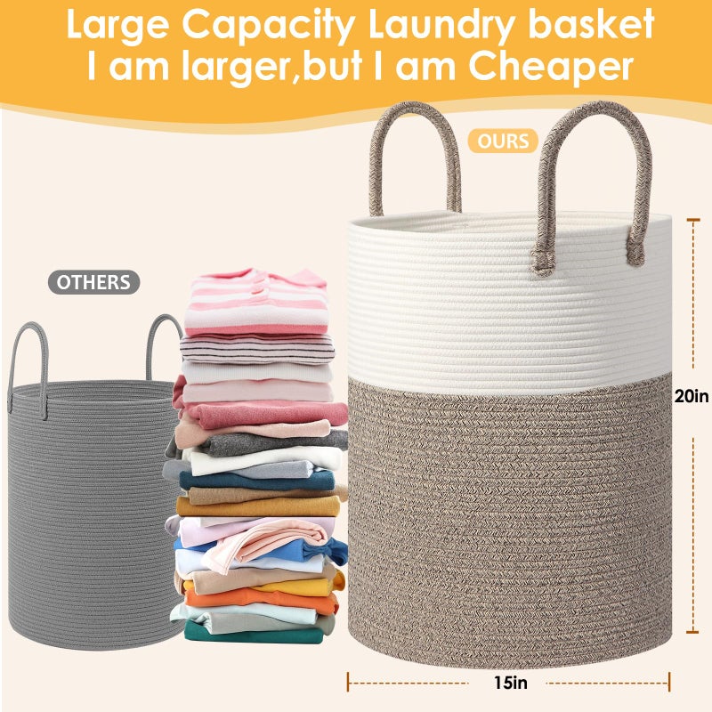 HOBASKET Large Woven Laundry Basket Hamper, 60L Cotton Rope Storage Basket for Blankets in Living Room, Decorative Tall Nursery Hamper for Clothes and Toys, White and Brown - Image 2