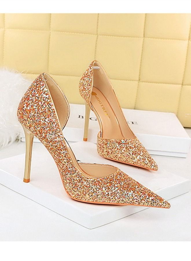 BIGTREE Pointed Side Cut-Out Shiny Sequin High Heels 10.5CM Gold - Image 2