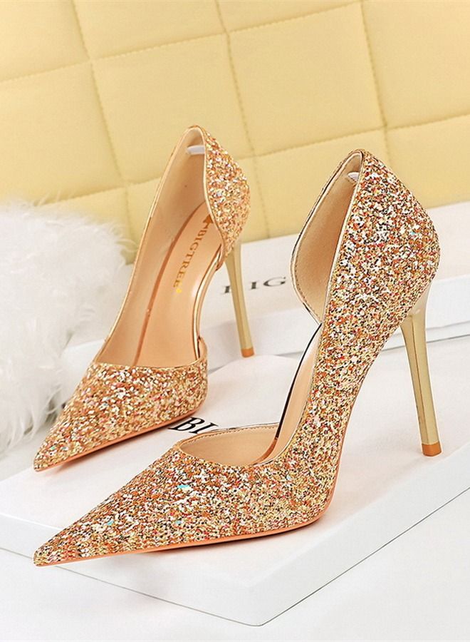 BIGTREE Pointed Side Cut-Out Shiny Sequin High Heels 10.5CM Gold - Image 1