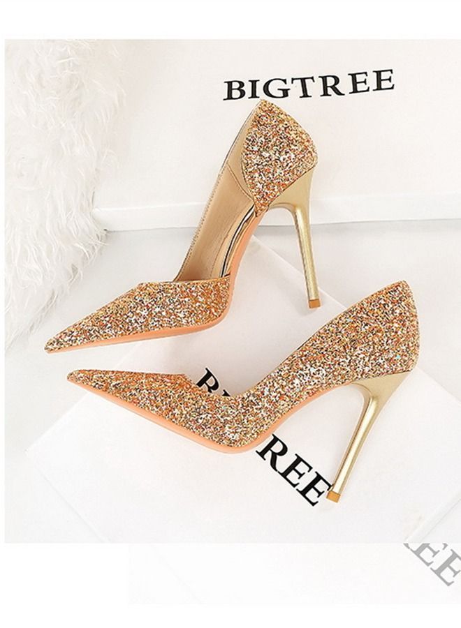 BIGTREE Pointed Side Cut-Out Shiny Sequin High Heels 10.5CM Gold - Image 3