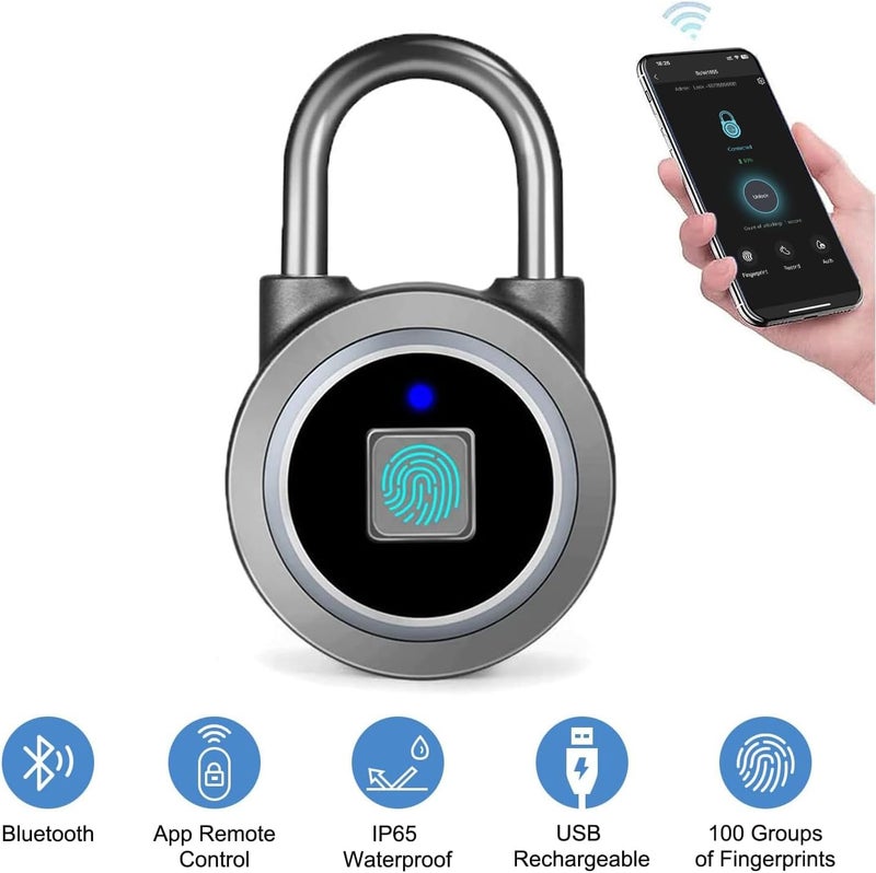MEGAFEIS Fingerprint Padlock, Bluetooth Lock, Mobile APP, Smart Padlock with Keyless Biometric, Water Resistant, Suitable for Gym, Sports, Bike, School, Locker and Storage(Grey) - Image 1