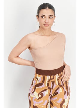 Women Asymmetric Neck One Shoulder Ribbed Top, Camel
