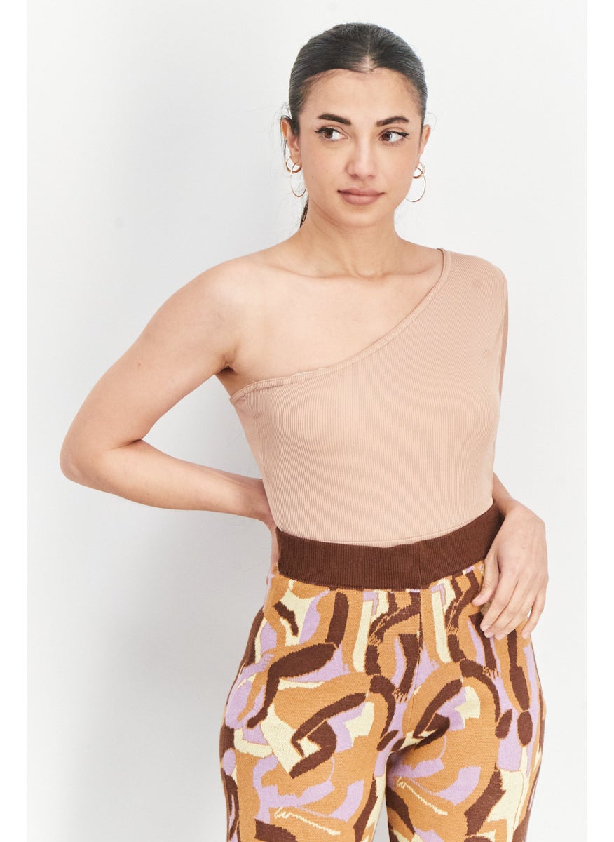 I SAW IT FIRST - Women Asymmetric Neck One Shoulder Ribbed Top, Camel - Image 1