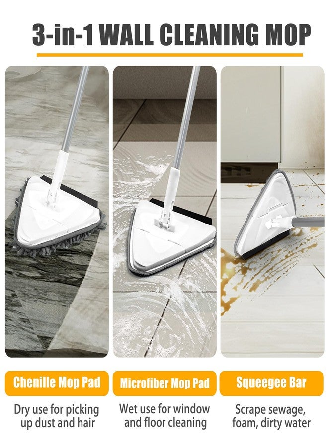 JEHONN Wall Mop with Long Handle 80 inches, Upgraded 180° Collapsible Baseboard Cleaner Tool with Squeegee, Ceiling Duster with 1 Microfiber and 1 Chenille Pad for Cleaning Window, Cabinet (White) - Image 4