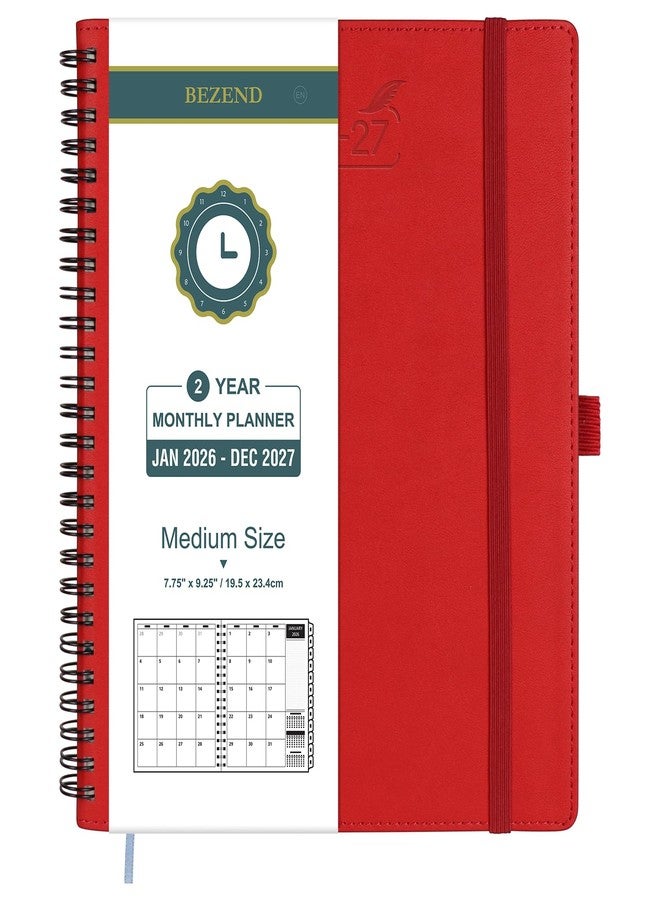 BEZEND Month to View Diary 2026-2027 with Notes (Jan 26 - Dec 27), Monthly Planner 23.4 x 19.6cm - 120 GSM Thick Paper, 2 Year Spiral Calendar with Tabs & Storage Pockets, Soft Cover, Red - Image 1