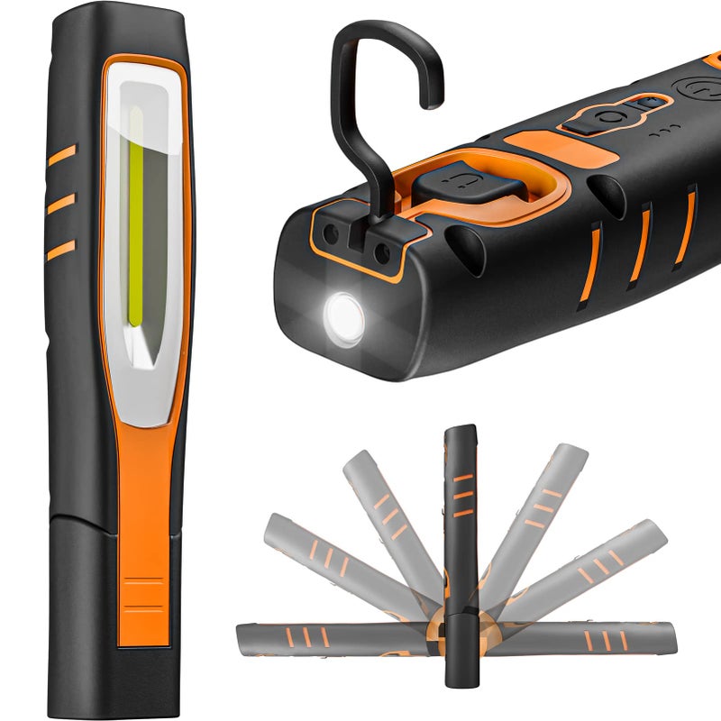 Enuotek ENUOTEK Rechargeable COB LED Work Light, Magnetic LED Mechanics Inspection Torch Lamp, Dimmable Flashlight 7W COB LED and Top 4W LED, Magnetic Base and Dual Hooks, IP65 Essential Work Job Tool - Image 1