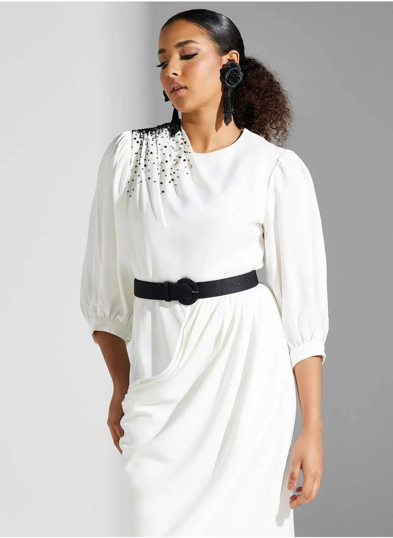 مونتانيا Puff Sleeve Embellished Belted Dress