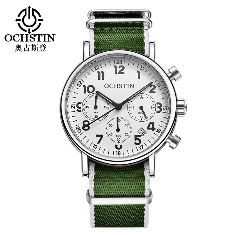 Augustine Swiss Multifunction Mens Quartz Watch 6081A Silvery white apple green nylon 