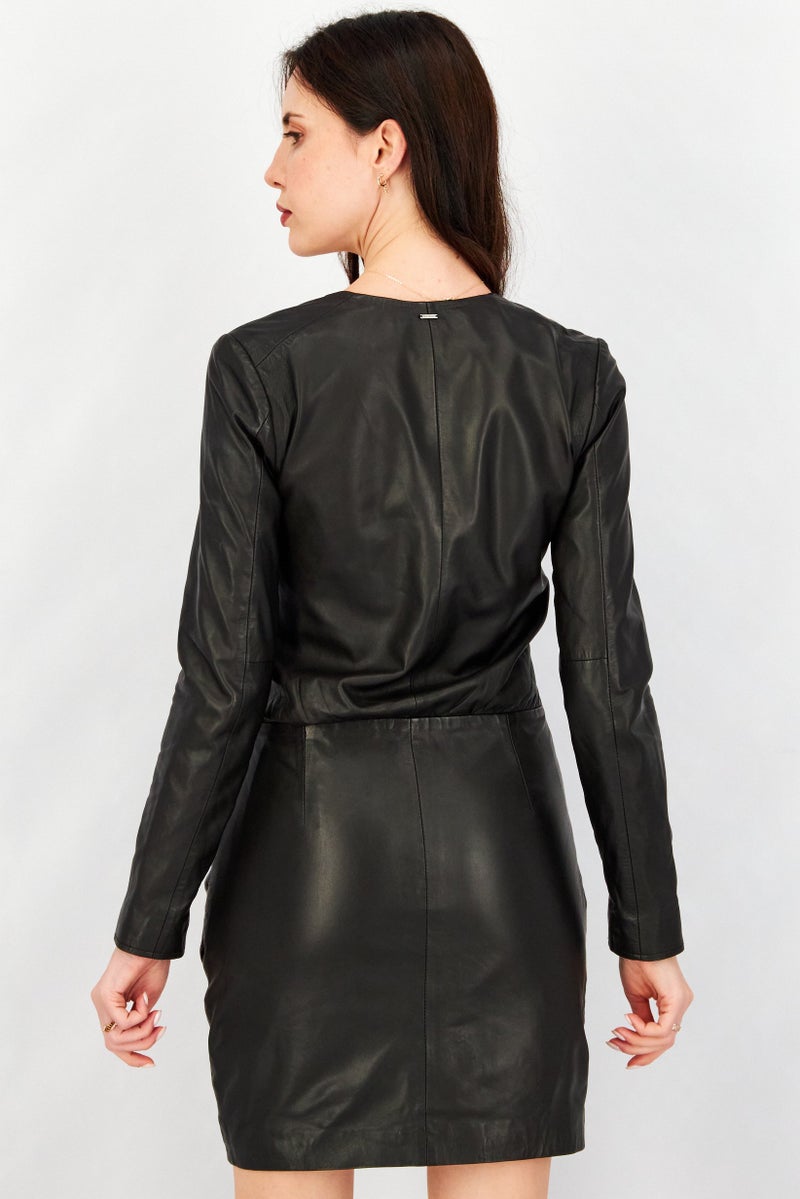 IKKS Women Plain Leather Mini Dress, Black - Image 4